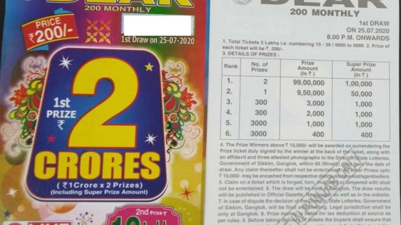 Result of Sikkim State Dear 200 Monthly Lottery 25th July, 2020